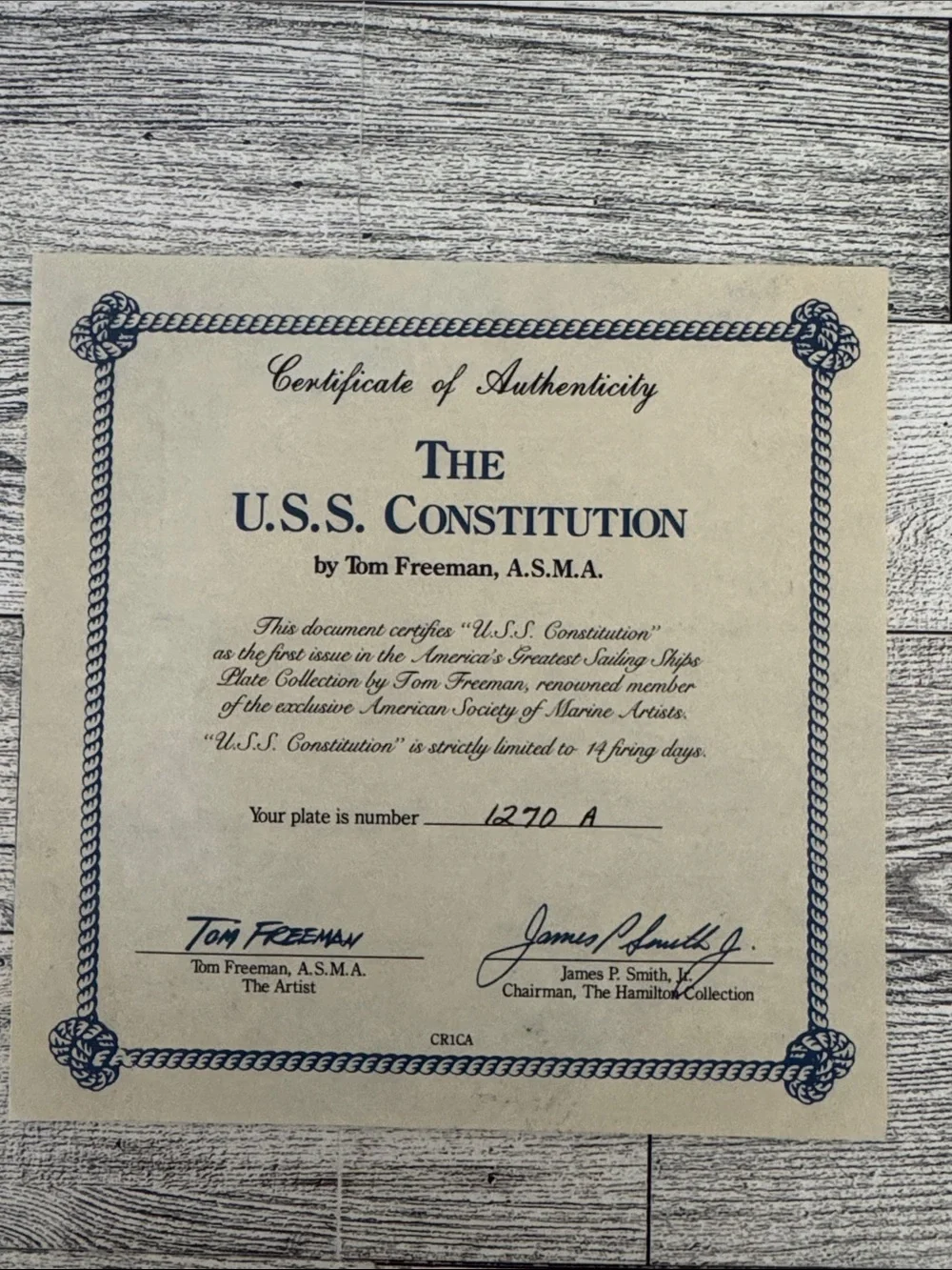 U.S.S. Constitution by Tom Freeman Collector's Plate 1270A with COA
